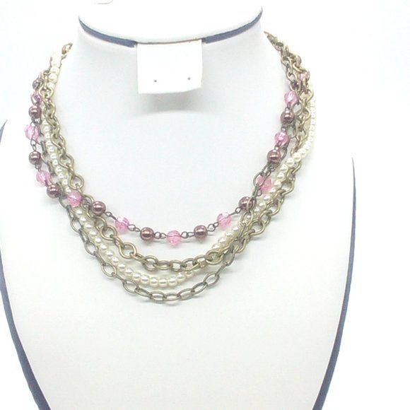 Faux Pearl Beaded Chain Layered Multi-Strand Fashion Necklace 9" - Picture 1 of 5